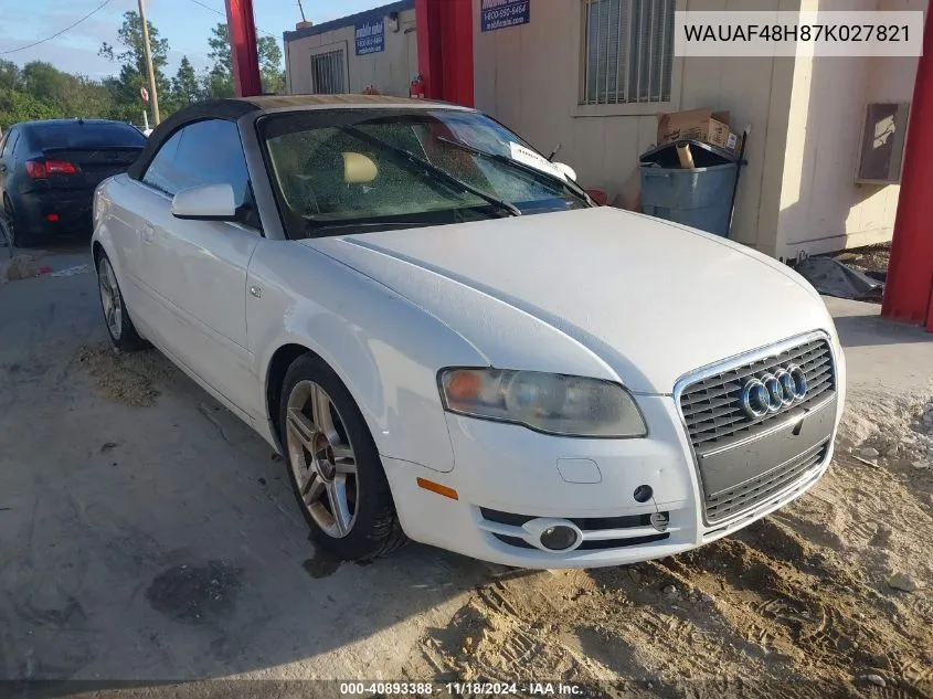 2007 Audi A4 2.0T VIN: WAUAF48H87K027821 Lot: 40893388