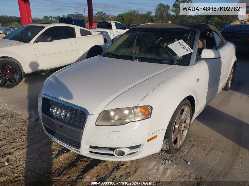 2007 Audi A4 2.0T VIN: WAUAF48H87K027821 Lot: 40893388