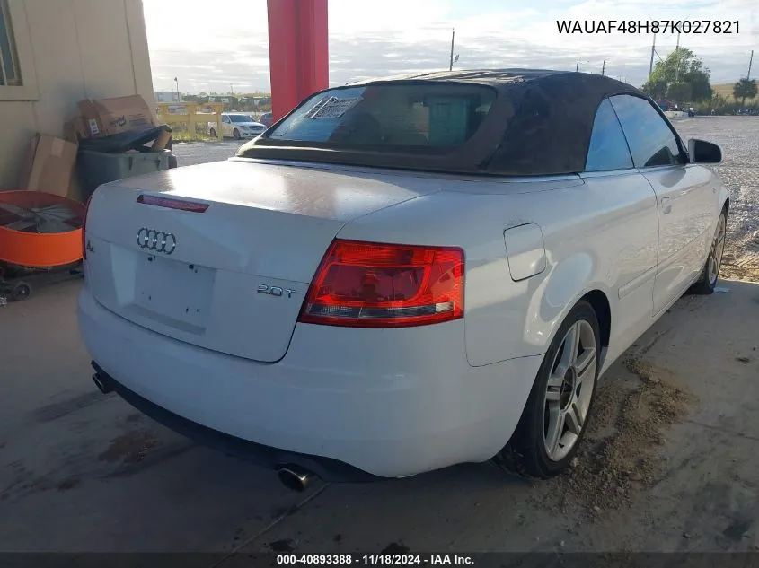 2007 Audi A4 2.0T VIN: WAUAF48H87K027821 Lot: 40893388