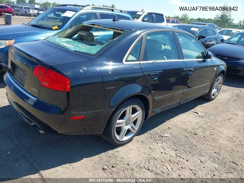 2008 Audi A4 2.0T VIN: WAUAF78E98A086942 Lot: 39703096