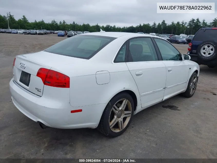 2008 Audi A4 2.0T/2.0T Special Edition VIN: WAUDF78E78A022962 Lot: 39924054