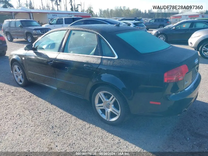 2008 Audi A4 2.0T VIN: WAUDF78E28A097360 Lot: 40176735