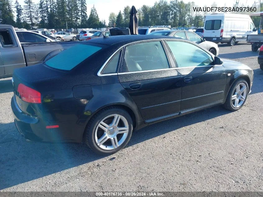 2008 Audi A4 2.0T VIN: WAUDF78E28A097360 Lot: 40176735