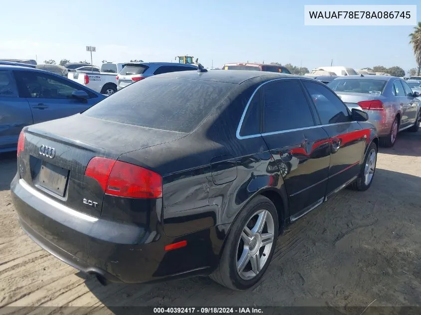 2008 Audi A4 2.0T VIN: WAUAF78E78A086745 Lot: 40392417