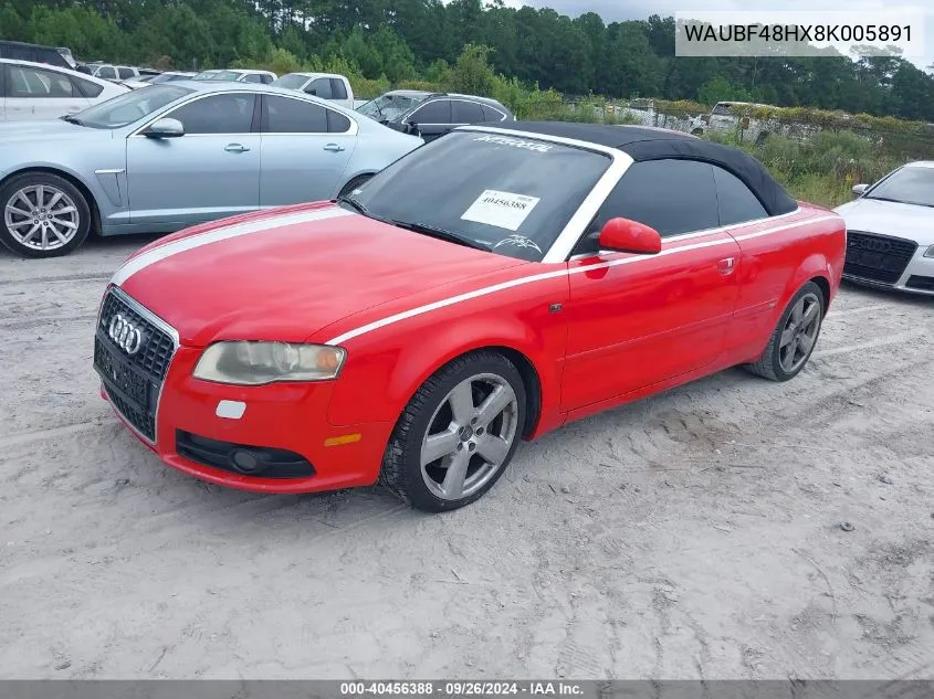 2008 Audi A4 2.0T VIN: WAUBF48HX8K005891 Lot: 40456388