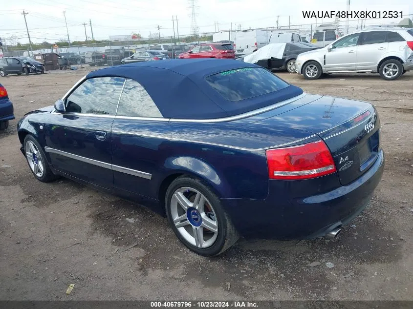 2008 Audi A4 2.0T VIN: WAUAF48HX8K012531 Lot: 40679796