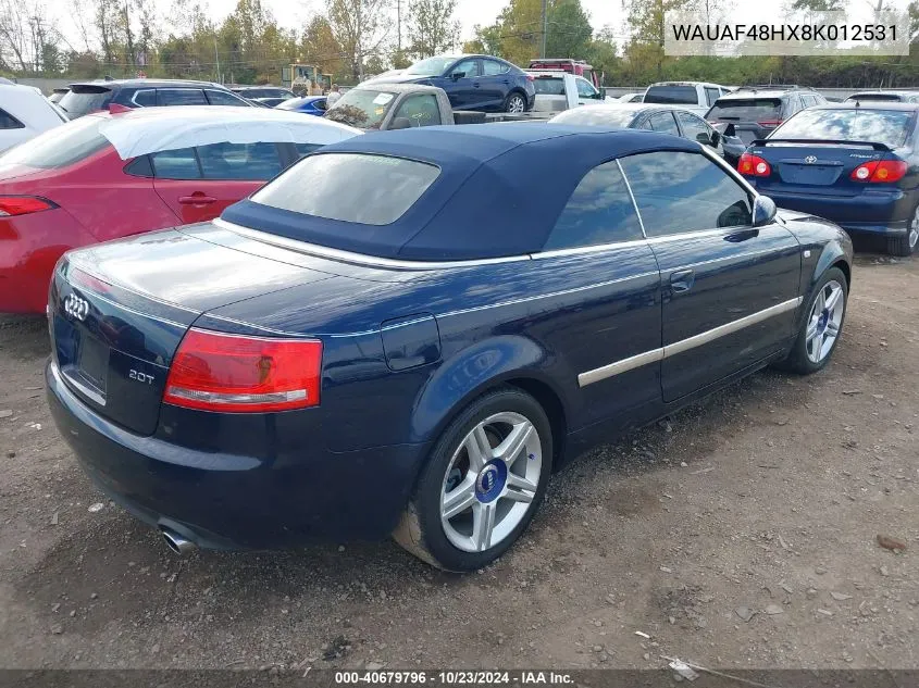 2008 Audi A4 2.0T VIN: WAUAF48HX8K012531 Lot: 40679796