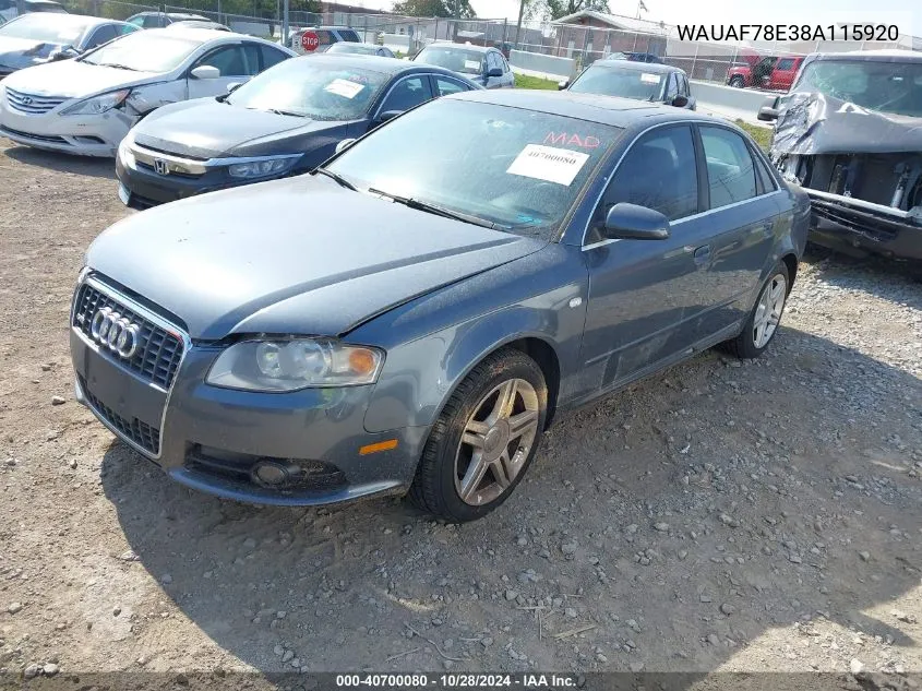 2008 Audi A4 2.0T VIN: WAUAF78E38A115920 Lot: 40700080