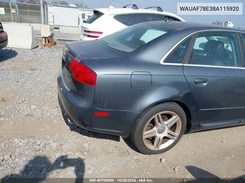 2008 Audi A4 2.0T VIN: WAUAF78E38A115920 Lot: 40700080