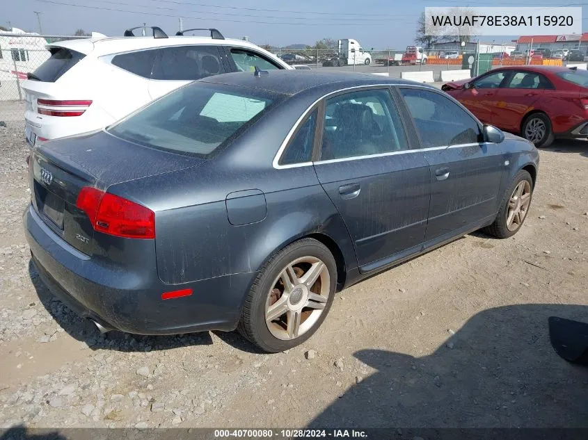 2008 Audi A4 2.0T VIN: WAUAF78E38A115920 Lot: 40700080