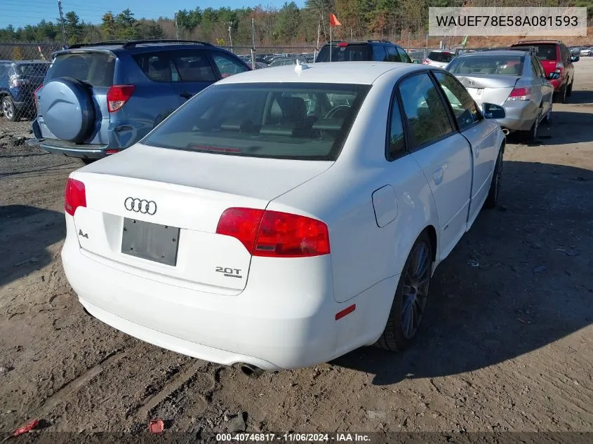 2008 Audi A4 2.0T VIN: WAUEF78E58A081593 Lot: 40746817