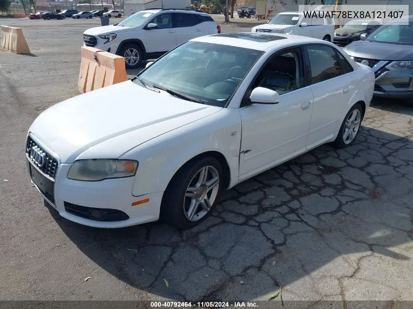 2008 Audi A4 2.0T VIN: WAUAF78EX8A121407 Lot: 40792464