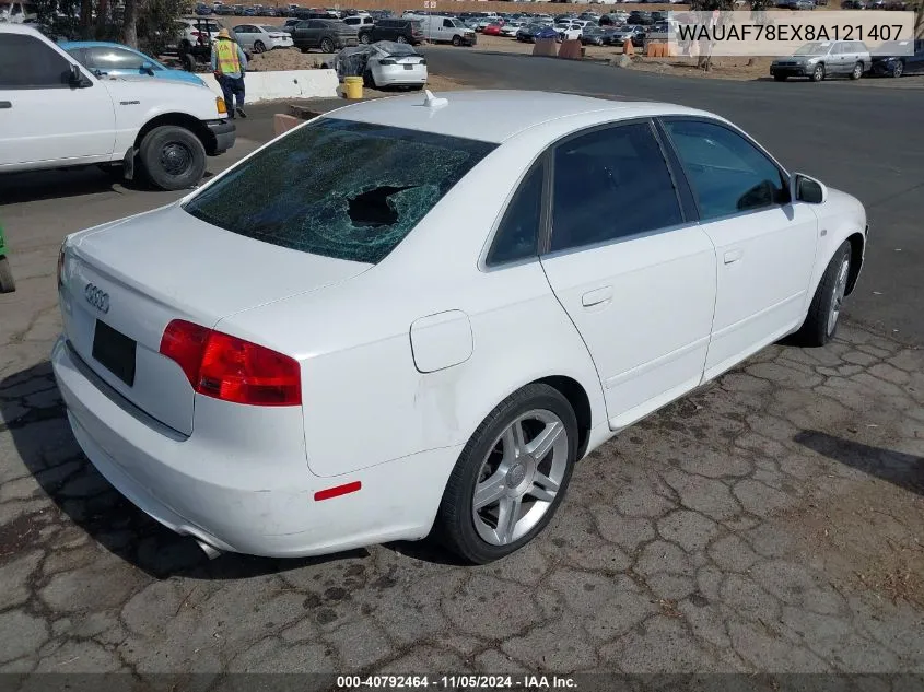 2008 Audi A4 2.0T VIN: WAUAF78EX8A121407 Lot: 40792464