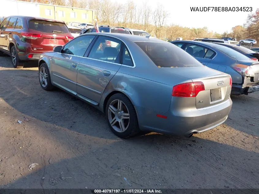 2008 Audi A4 2.0T VIN: WAUDF78E88A034523 Lot: 40797197