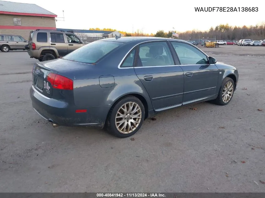 2008 Audi A4 2.0T/2.0T Special Edition VIN: WAUDF78E28A138683 Lot: 40841942