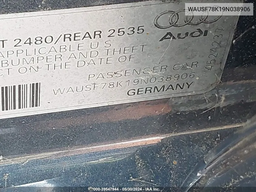 WAUSF78K19N038906 2009 Audi A4 2.0T Premium