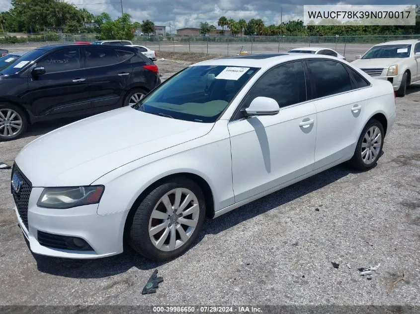 2009 Audi A4 2.0T Premium VIN: WAUCF78K39N070017 Lot: 39986650