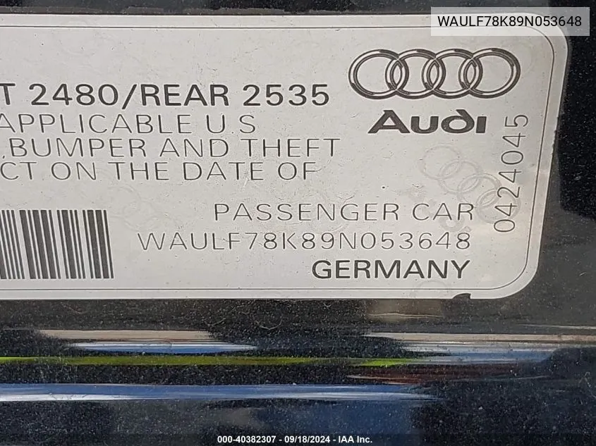 WAULF78K89N053648 2009 Audi A4 2.0T Premium