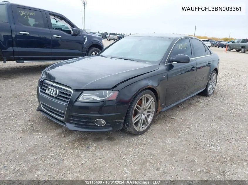 2011 Audi A4 VIN: WAUFFCFL3BN003361 Lot: 12115409