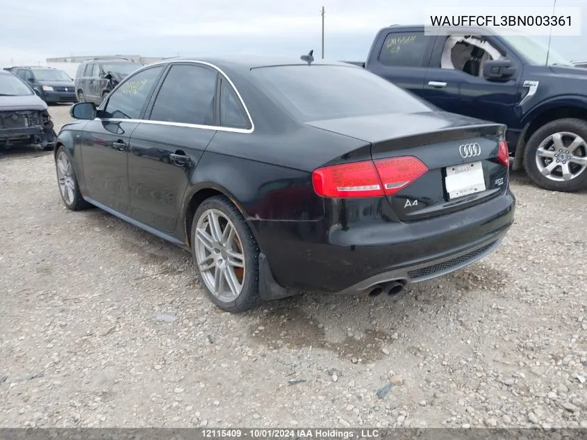 2011 Audi A4 VIN: WAUFFCFL3BN003361 Lot: 12115409