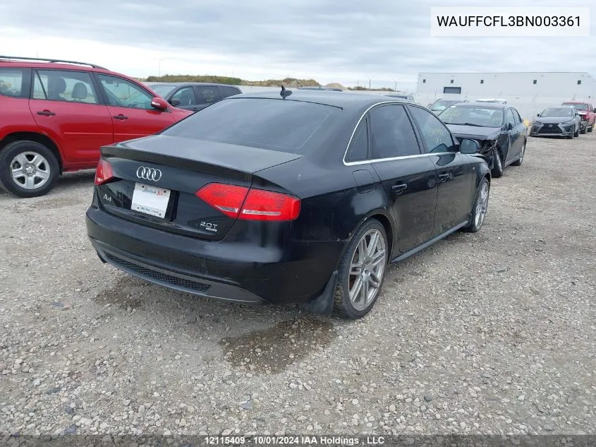 2011 Audi A4 VIN: WAUFFCFL3BN003361 Lot: 12115409