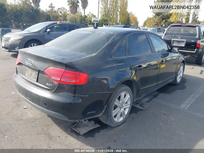 2011 Audi A4 2.0T Premium VIN: WAUAFAFL2BN042358 Lot: 40748258