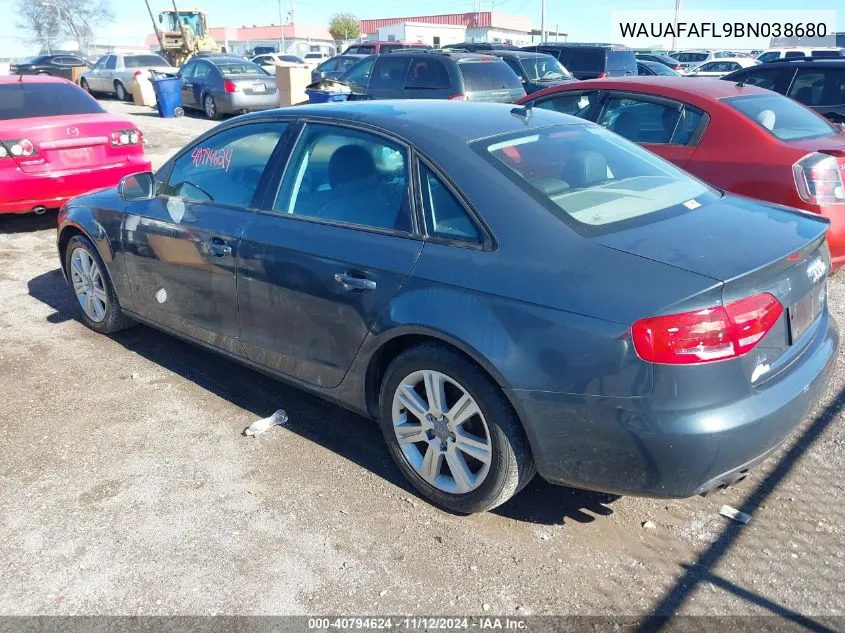 2011 Audi A4 2.0T Premium VIN: WAUAFAFL9BN038680 Lot: 40794624