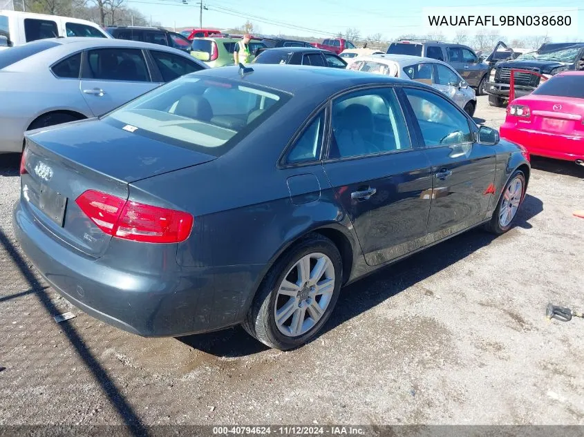 2011 Audi A4 2.0T Premium VIN: WAUAFAFL9BN038680 Lot: 40794624