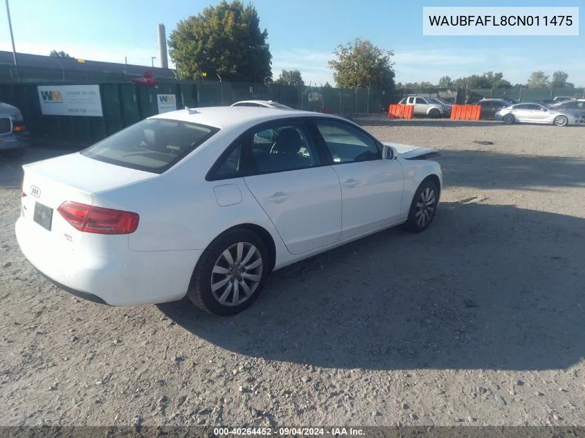 2012 Audi A4 Premium VIN: WAUBFAFL8CN011475 Lot: 40264452