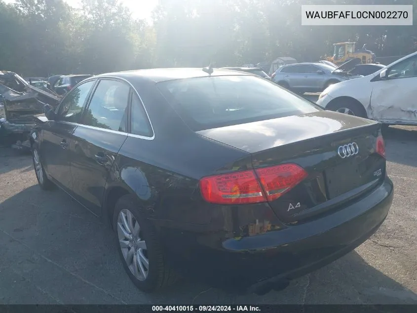 2012 Audi A4 Premium VIN: WAUBFAFL0CN002270 Lot: 40410015