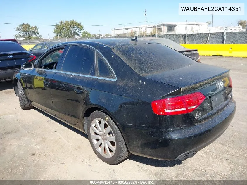 2012 Audi A4 2.0T Premium VIN: WAUBFAFL2CA114351 Lot: 40412475