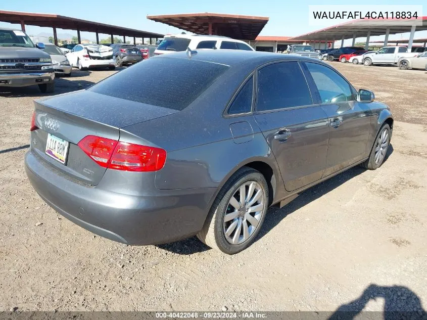 2012 Audi A4 2.0T Premium VIN: WAUAFAFL4CA118834 Lot: 40422048