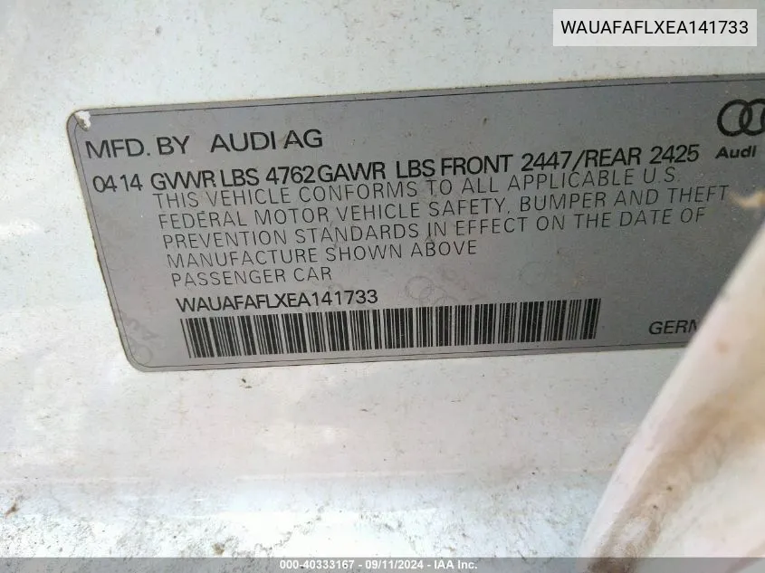 WAUAFAFLXEA141733 2014 Audi A4 2.0T Premium