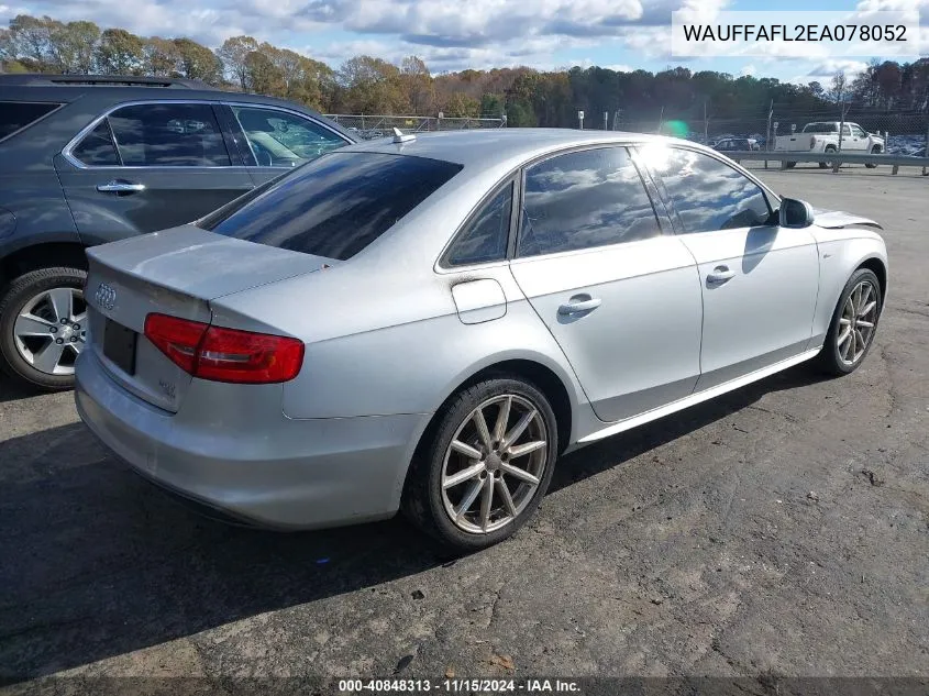 2014 Audi A4 2.0T Premium VIN: WAUFFAFL2EA078052 Lot: 40848313