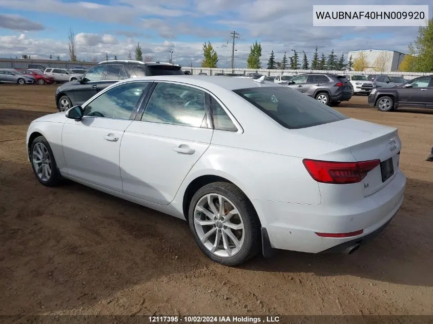 2017 Audi A4 VIN: WAUBNAF40HN009920 Lot: 12117395