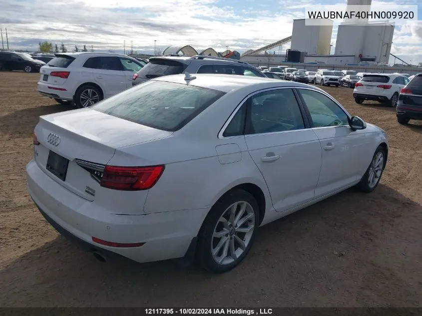 2017 Audi A4 VIN: WAUBNAF40HN009920 Lot: 12117395