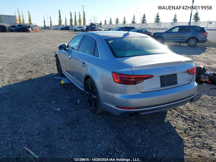 2017 Audi A4 2.0T Premium VIN: WAUENAF42HN019958 Lot: 12139615