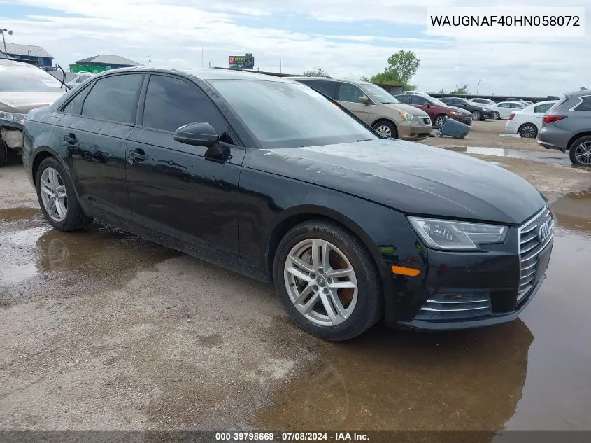 2017 Audi A4 2.0T Premium VIN: WAUGNAF40HN058072 Lot: 39798669