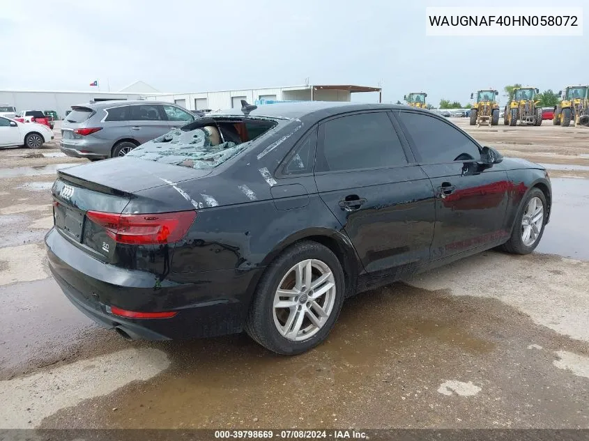 2017 Audi A4 2.0T Premium VIN: WAUGNAF40HN058072 Lot: 39798669