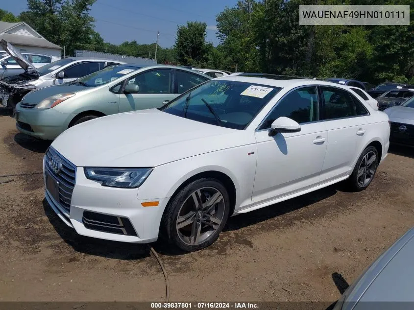 2017 Audi A4 2.0T Premium VIN: WAUENAF49HN010111 Lot: 39837801