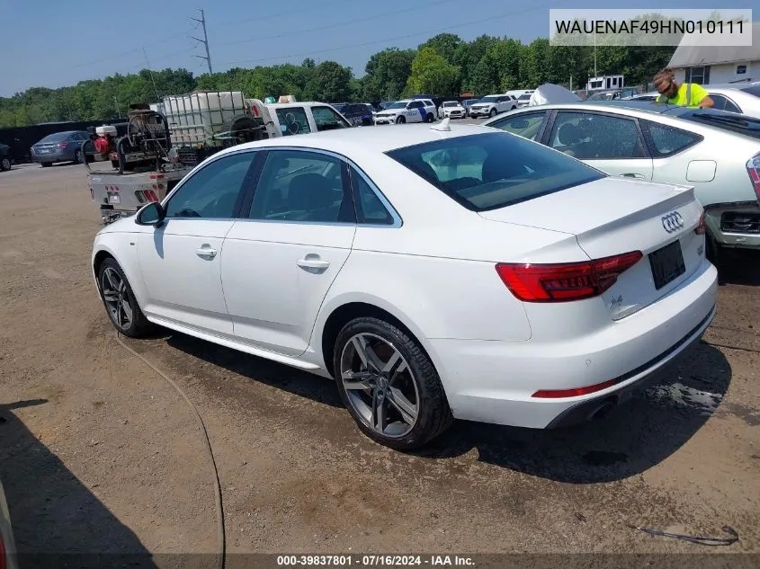 2017 Audi A4 2.0T Premium VIN: WAUENAF49HN010111 Lot: 39837801