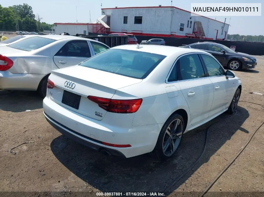 2017 Audi A4 2.0T Premium VIN: WAUENAF49HN010111 Lot: 39837801