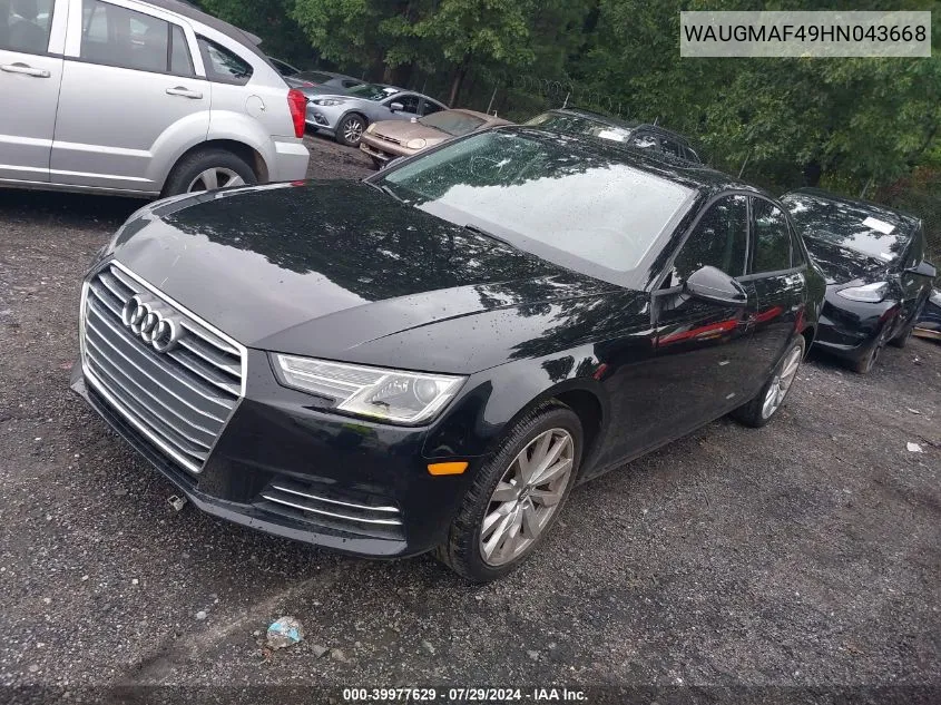 2017 Audi A4 Ultra Premium VIN: WAUGMAF49HN043668 Lot: 39977629