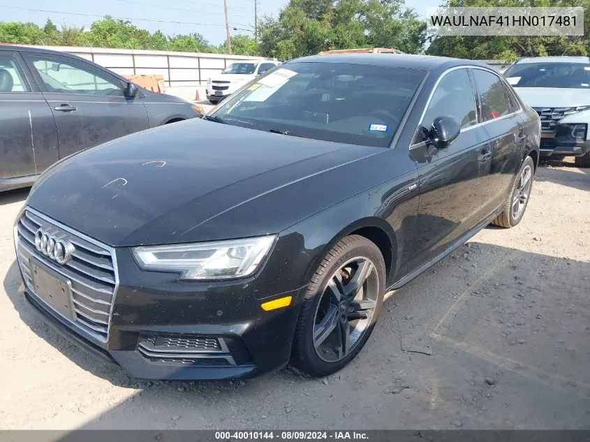 2017 Audi A4 2.0T Premium VIN: WAULNAF41HN017481 Lot: 40010144