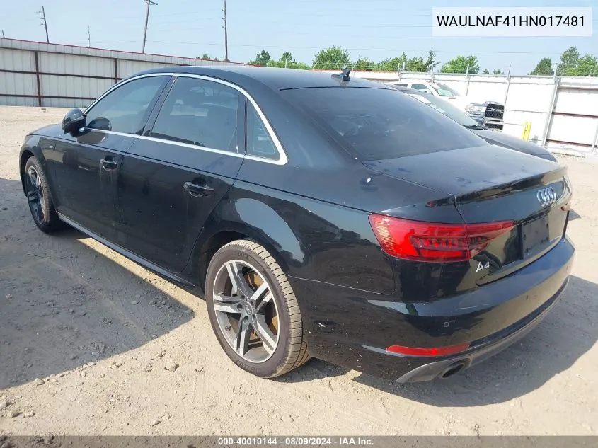 2017 Audi A4 2.0T Premium VIN: WAULNAF41HN017481 Lot: 40010144