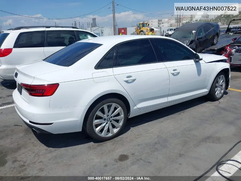 2017 Audi A4 2.0T Premium VIN: WAUGNAF43HN007522 Lot: 40017657