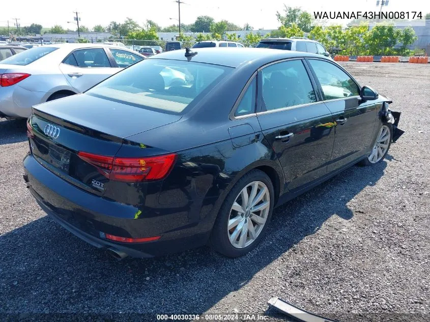 2017 Audi A4 2.0T Premium VIN: WAUANAF43HN008174 Lot: 40030336