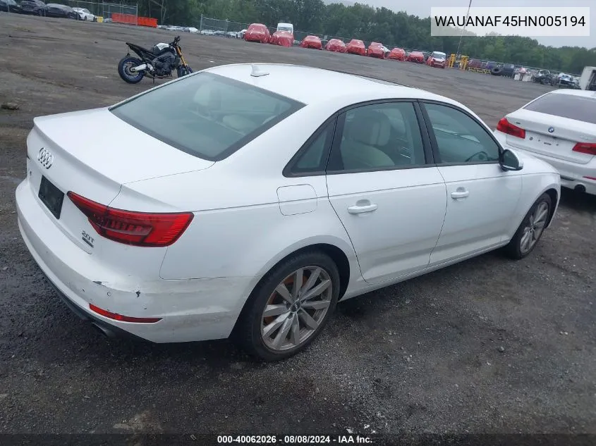 2017 Audi A4 2.0T Premium VIN: WAUANAF45HN005194 Lot: 40062026