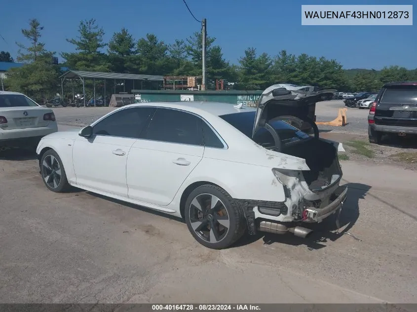 2017 Audi A4 2.0T Premium VIN: WAUENAF43HN012873 Lot: 40164728