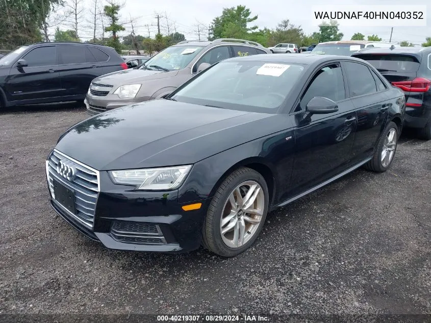 2017 Audi A4 2.0T Season Of Audi Premium VIN: WAUDNAF40HN040352 Lot: 40219307